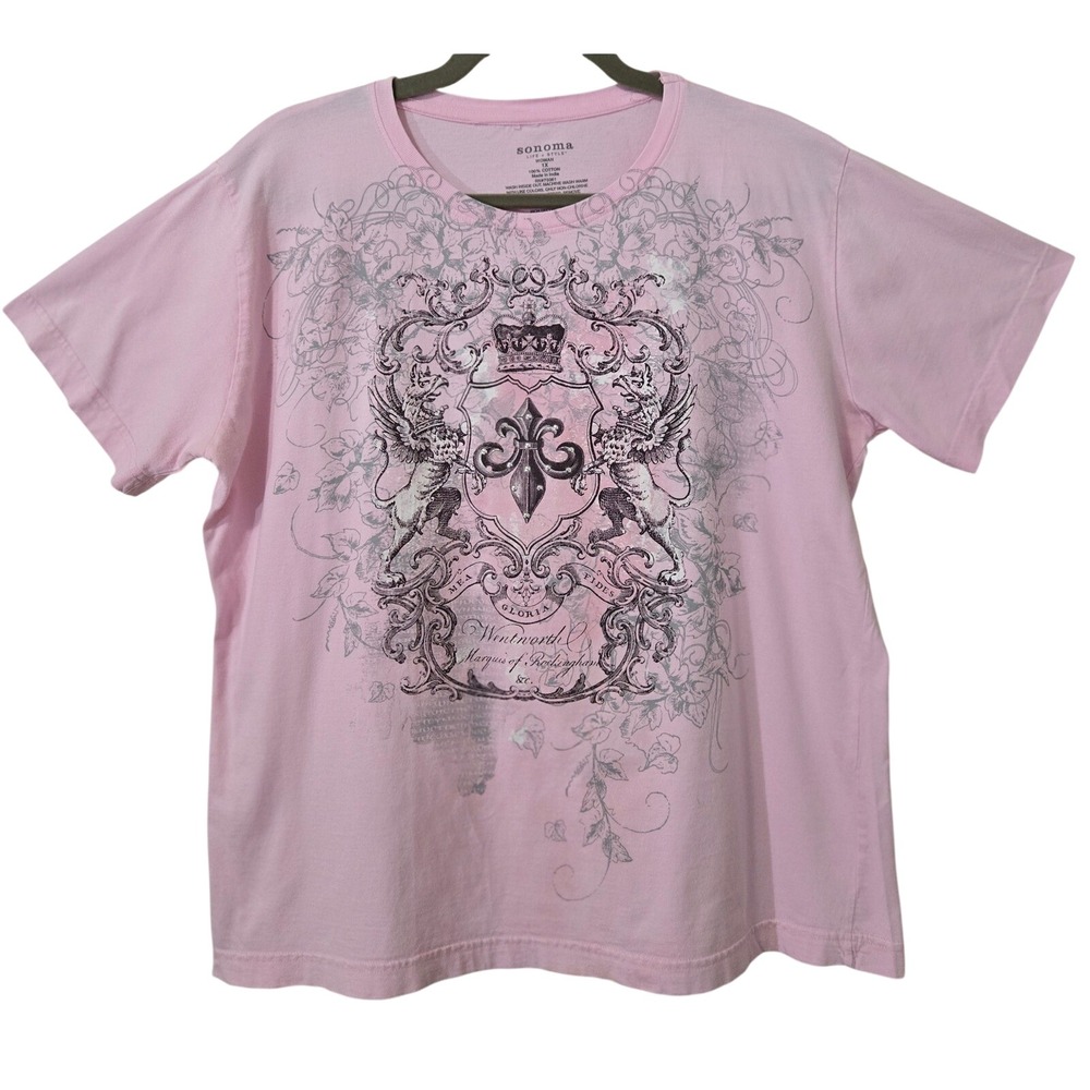 Sonoma Women's 1X Boho Pink‎ Graphic Tee Heraldic Crest Rhinestone Cotton Shirt
